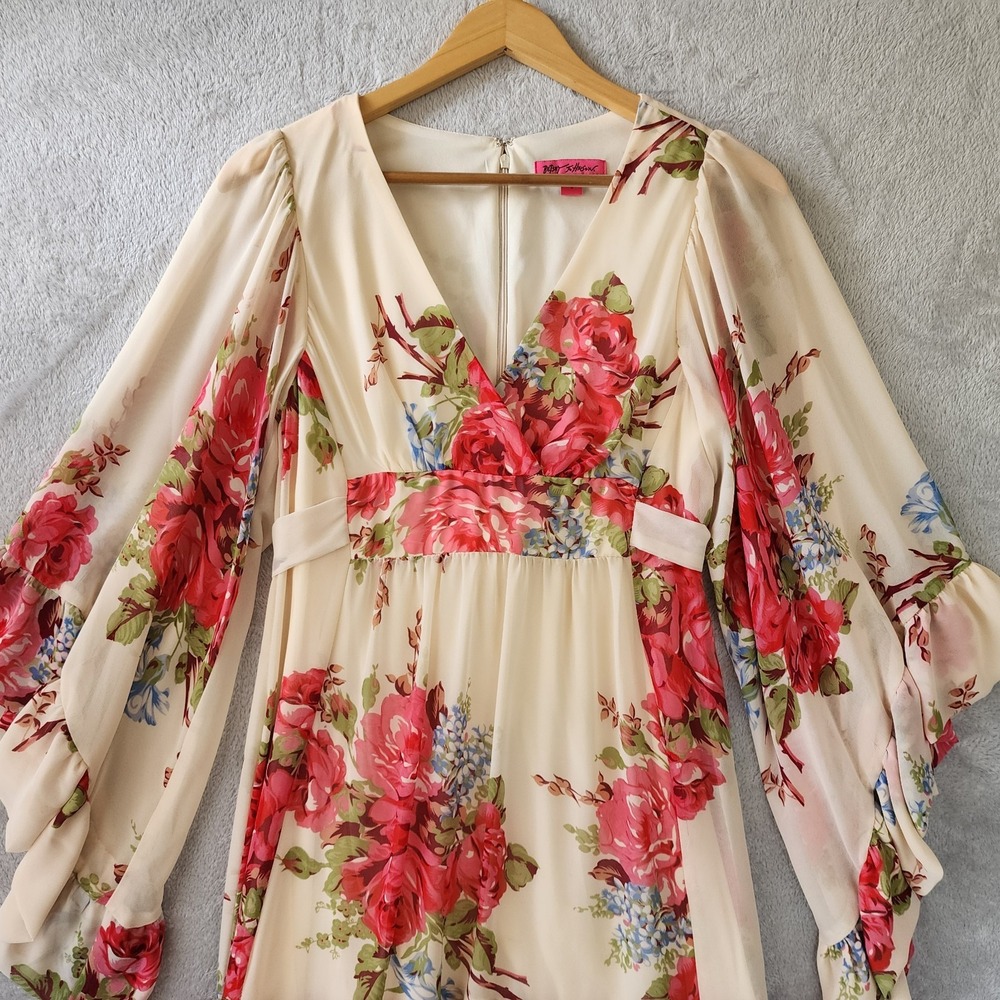 Betsey Johnson Dress Womens Size 6 Vintage Garden Rose Print Fairy Bell Sleeve - Picture 2 of 9
